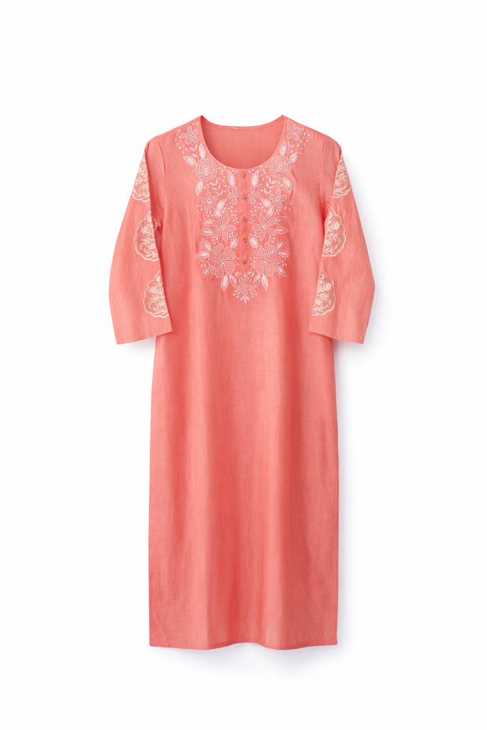 [KFKURTASET0002_L] Peach silk blend embroidery work straight 3 piece kurta set (L)