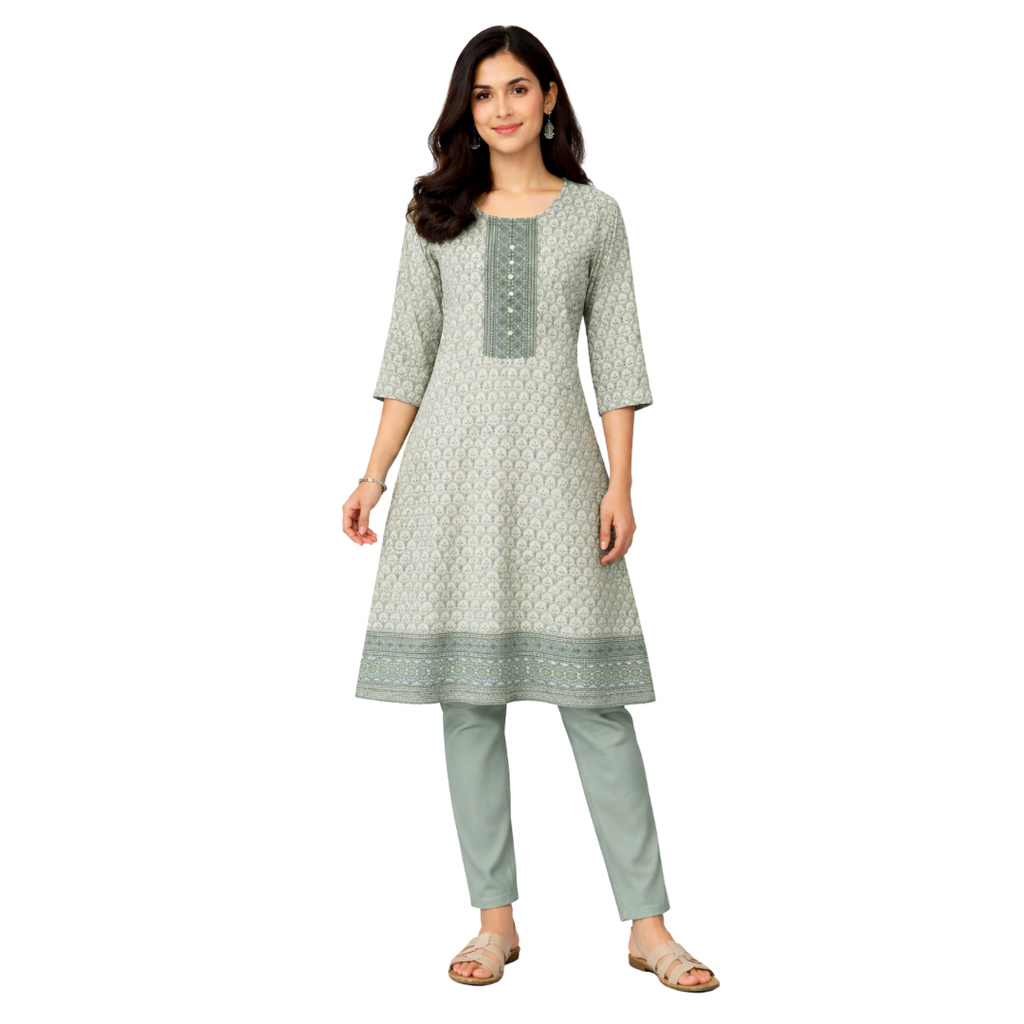 [KFKUTI001_L] Green Viscos Chikenkari Kurti (L)