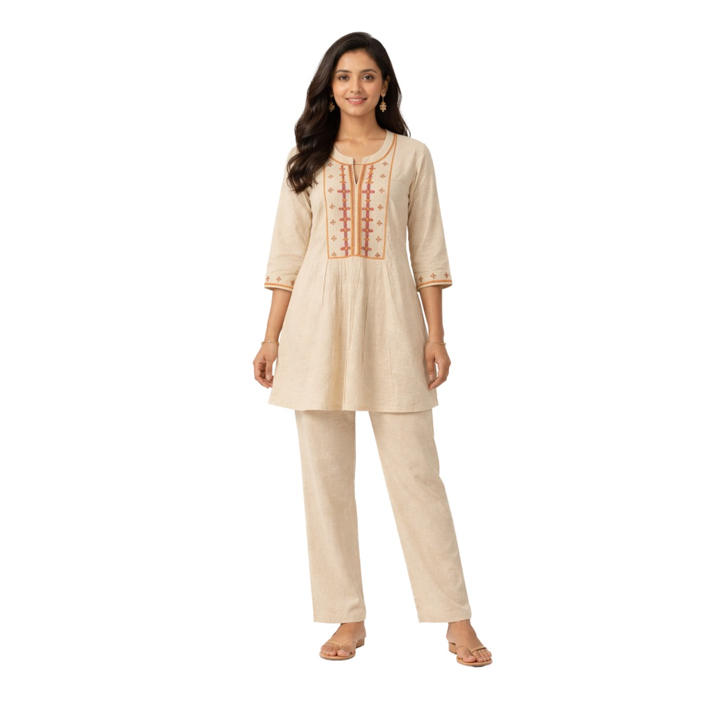 [KFCORD0004_S] Brown Cotton Blend Embroidery Co ords Set (S)