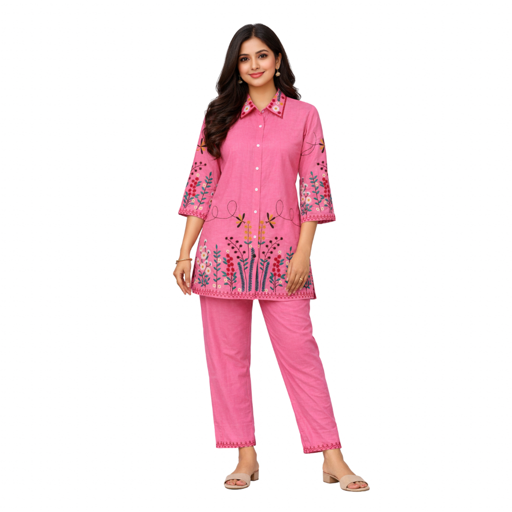 [KFCORD0006_XXXL] Pink Jaipuri Cotton Heavy Embroidery Co Ord Set (XXXL)
