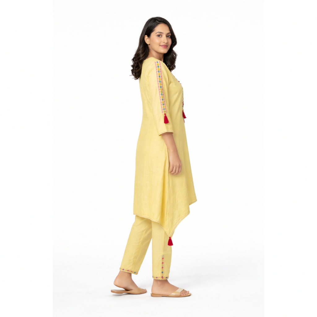 [KFCORD0001_XXXL] Yellow Embroidered Viscose Rayon Straight Trouser Bottom Kurta Set (XXXL)